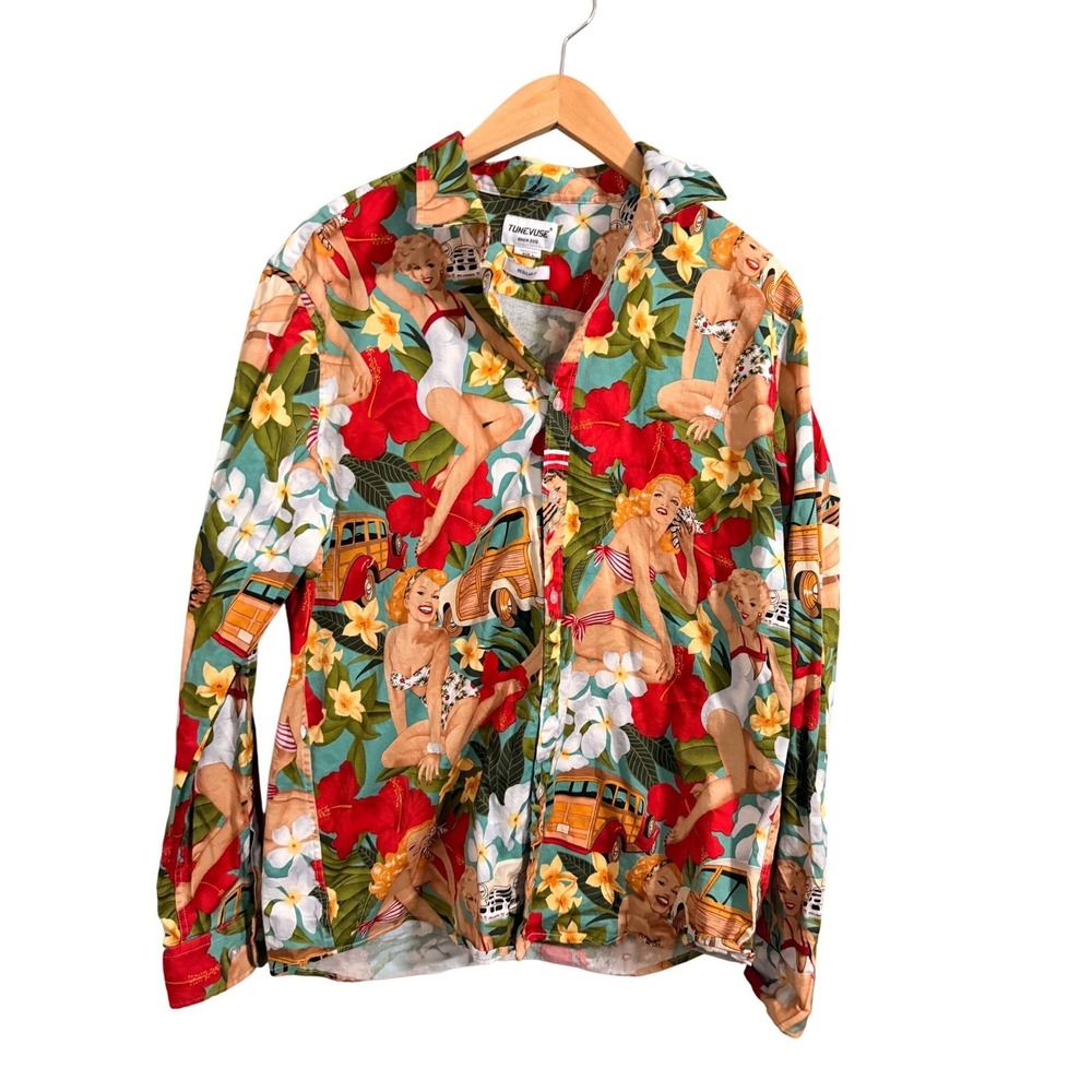 Tunevuse Pinup Girl Tropical Button Down Shirt Mens Large Multicolor‎ VINTAGE